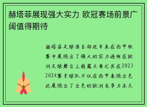 赫塔菲展现强大实力 欧冠赛场前景广阔值得期待