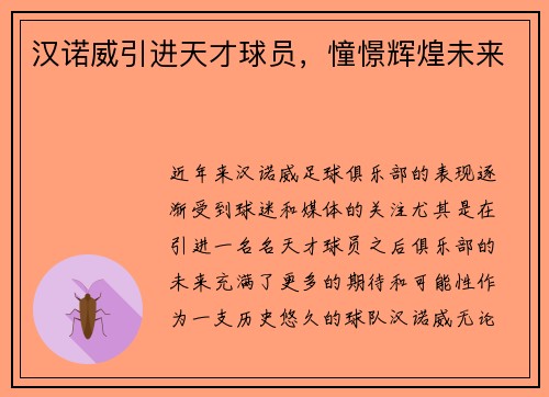 汉诺威引进天才球员，憧憬辉煌未来