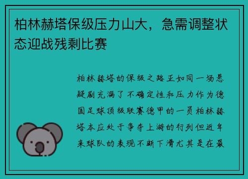 柏林赫塔保级压力山大，急需调整状态迎战残剩比赛