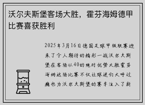 沃尔夫斯堡客场大胜，霍芬海姆德甲比赛喜获胜利